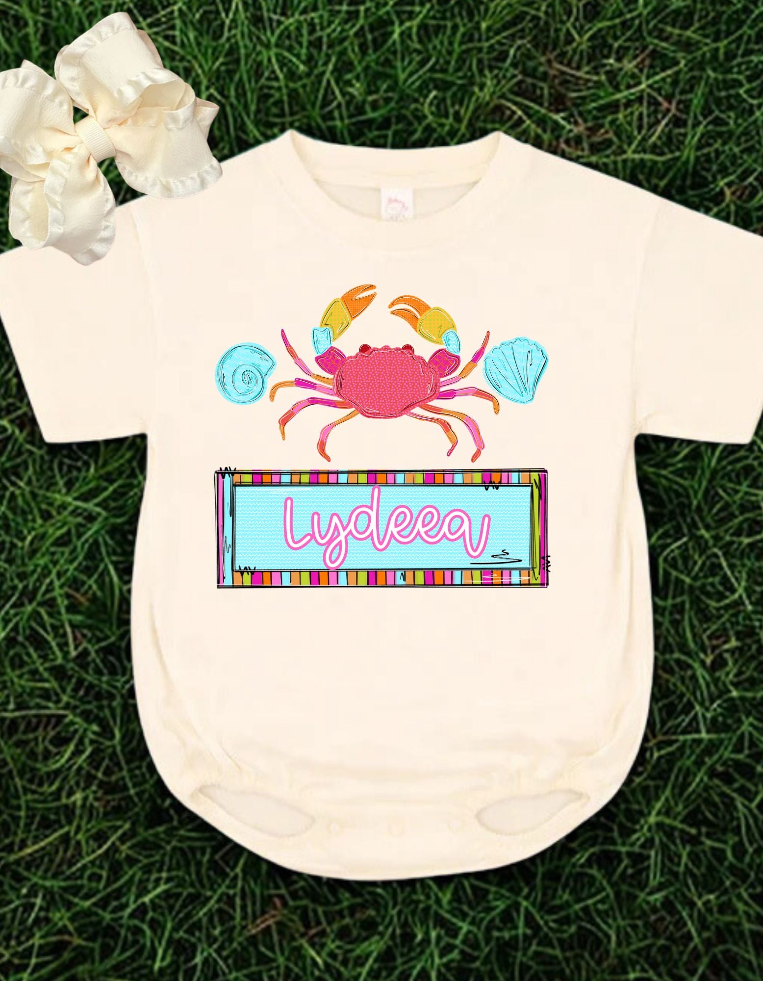 CUSTOM Nameplate "Crabby" Beach themed children's tees, baggy baby bubble rompers, etc.